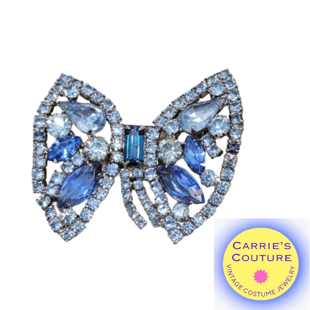 Vintage Signed Weiss Rhodium Plated Shades of Blue Rhinestones Bow Brooch